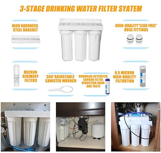External RV Filter System RV Water Filter Store System Install with Bracket, 3-Stage RV Water Purifier Filtration System Compatible with Marines Boats and RVs