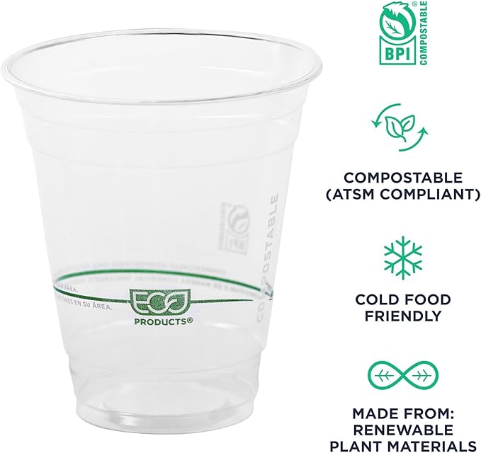 ECO PRODUCTS GreenStripe Clear Compostable 12oz PLA Plastic Cups, Case of 1000, Disposable Renewable Plant-Based Cold Cups, For Cold Drinks & Snacks, BPI Certified, ASTM Compliant.