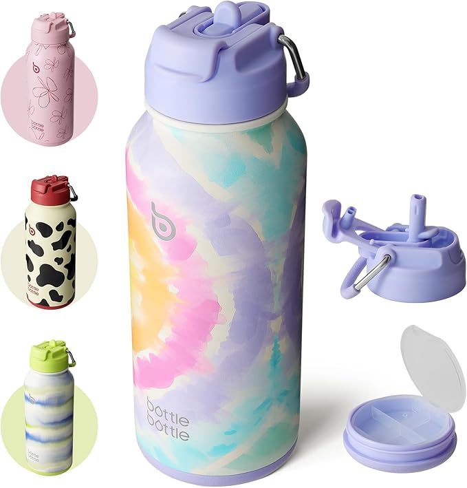 BOTTLE BOTTLE 32oz Insulated Water Bottle Stainless Steel Sport Water Bottle with Straw Dual-use Lid Design for Gym with Pill Box