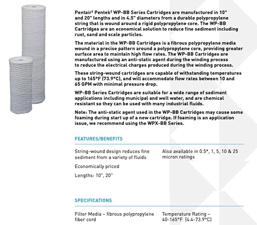 Pentair Pentek WP25BB20P Big Blue Sediment Water Filter, 20-Inch, Whole House Polypropylene String-Wound Filter Cartridge, 20" x 4.5", 25 Micron