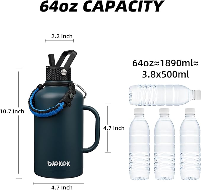 BJPKPK Half Gallon Insulated Water Bottles with Straw Lid & Side Handle, 64oz Large, Stainless Steel Water Bottles with 3 Lids and Paracord Strap, Metal Water Jug,Navy Blue