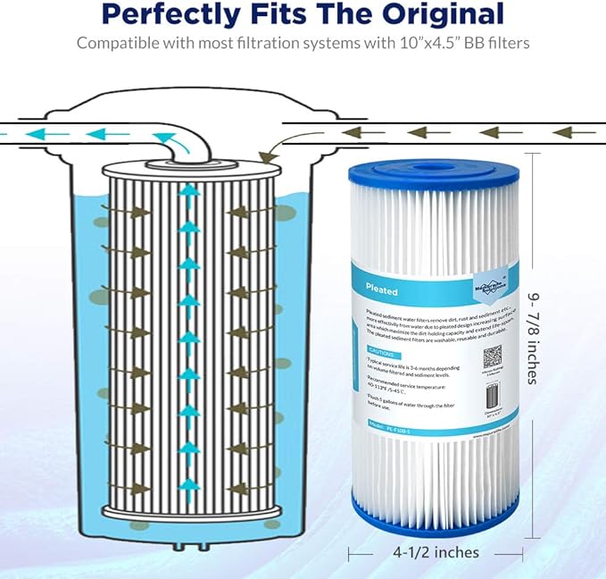 Membrane Solutions 50 Micron Pleated Water Filter Home 10"x4.5" Whole House Heavy Duty Sediment Replacement Cartridge Compatible with ECP10-1,ECP20-BB,R50-BBSA,FXHSC,CB1-SED10-BB (4 Pack)