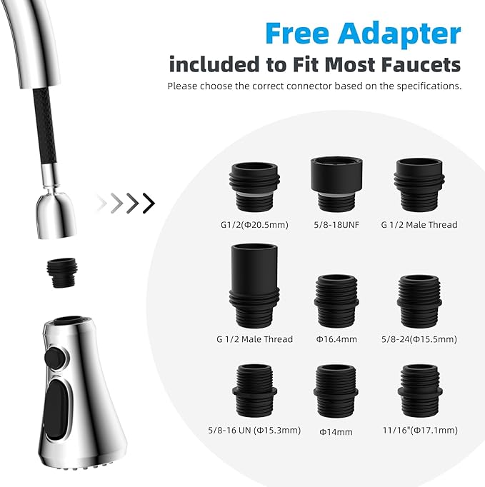 Hibbent Pull Down Kitchen Faucet Head Replacement, NSF/ANSI/CAN 61 & CUPC Certified 3-Function Sink Spray Nozzle with 15 Adapters Compatible with Moen, Delta, Kohler Faucets, Chrome