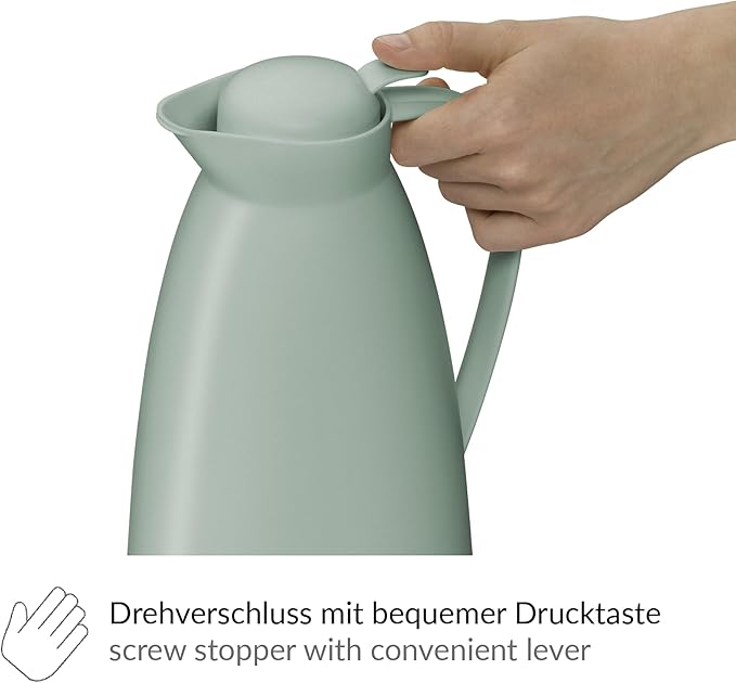 alfi Eco 1.0 L, mint green, insulated jug with hygienic tempered glass insert made of plastic, screw cap with comfortable push button, pouring with one hand, ideal as a coffee pot, teapot, BPA-free