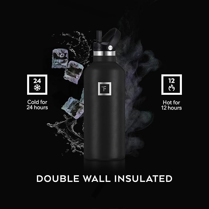 IRON °FLASK Camping & Hiking Hydration Flask with Straw, BPA-Free Insulated Stainless Steel Sports Water Bottle - 24 oz Black Marquina