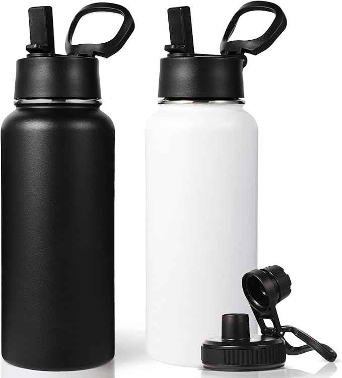 Neihepal 32 oz Insulated Water Bottles with 2 Lids (Straw & Spout Lid), 18/8 Stainless Steel Double Wall Water Bottle for Gym, Travel, Camping, Sports (Mix,2 Pack)