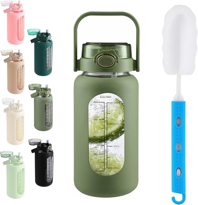 SIEROZUR 64 oz Glass Water Bottle with Straw and Handle Lid Half Gallon Motivational Glass Bottle with Silicone Sleeve and Time Marker Large Reusable Sports Water Jug for Gym Home Workout