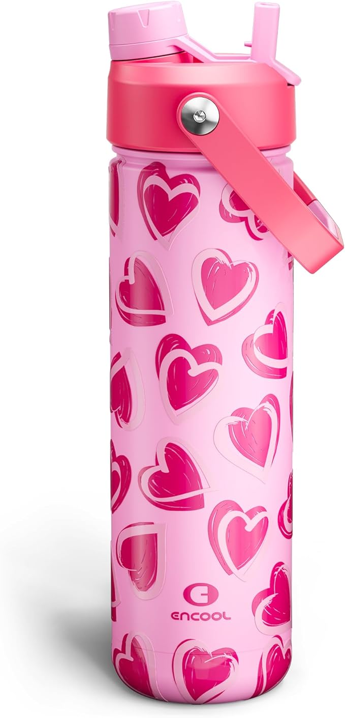 ENCOOL Valentine's Day Insulated Water Bottle with Straw Stainless Steel Water Bottle, Leak-Proof, BPA-Free, Keeps Cold for 24 Hours for Sports, Travel, School (26 oz, Sketch Hearts Pink x Pink)