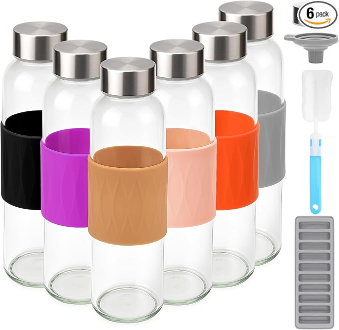 Zukro 18 oz Glass Water Bottles with Lids, 6 Pack Leak Proof Juice Bottles With Stainless Steel Cap for Juicing, Smoothie, Homemade Beverages Container, Reusable Drinking Jar with Grip Band, BPA Free