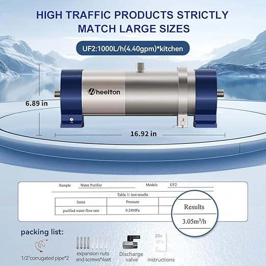 Under Sink Water Filter Reduces 99.99% of Contaminants Larger Than 0.01μm, 4.4GPM / 26,417 Gal, Reusable Ultra Filtration Membrane with 3-5 Year Lifespan for Well & City Water- UF2