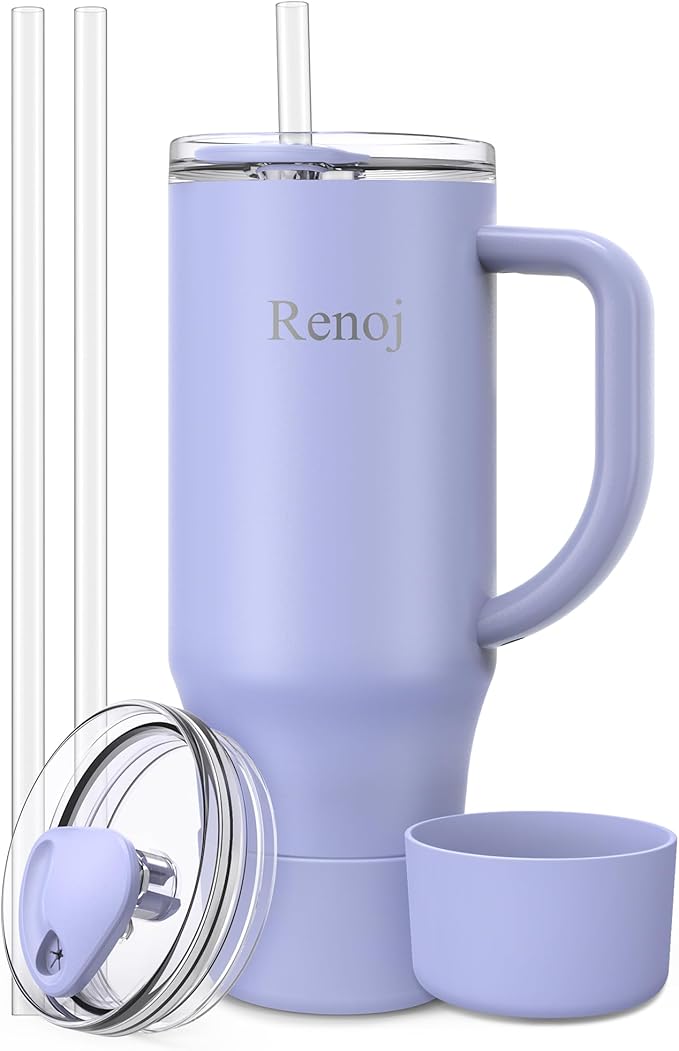 Renoj Tumbler with Handle 100% Spill Resistant Insulated Water Bottle for Iced Coffee & Hot Drinks - Fits Car Cup Holder, Ideal Gift, 2 Straws & Silicone Boot BPA-Free - FlexSlide Blue 32 oz