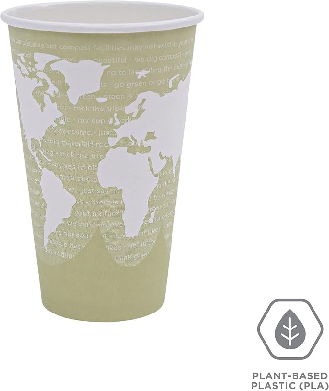 ECO PRODUCTS Compostable Disposable World Art 16oz Large Coffee Cups, Pack of 50, Renewable Hot Paper Cup, Plant Based PLA Lining, Color Coded