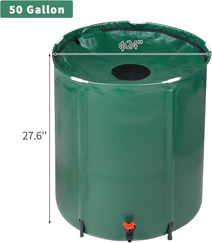 50 Gallon Collapsible Rain Barrel, Portable Water Storage Tank, Foldable Rainwater Collect System Downspout, Water Catcher Container with Filter, Spigots Overflow Kit (Green,50 Gallon)