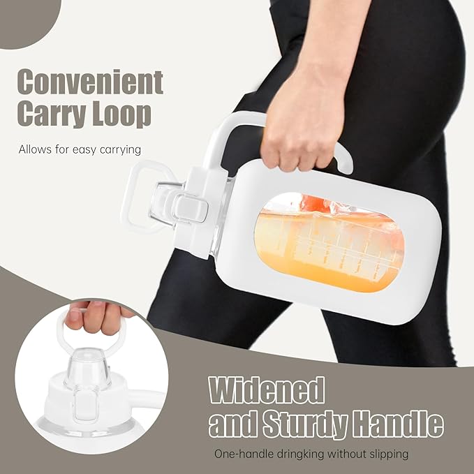 64 oz Glass Water Bottle with Handle and Straw Large 2L Water Bottle with Time Markers and Silicone Sleeve Half Gallon Water Jug BPA Free for Gym Daily Use