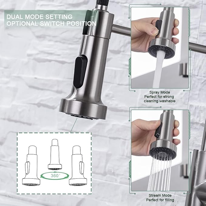 WEWE Kitchen Faucets, Commercial Brushed Nickel Stainless Steel Pull Down Sprayer Single Hole Single Handle RV Farmhouse Laundry Outdoor Faucet for Kitchen Sink, llaves para fregaderos de cocina