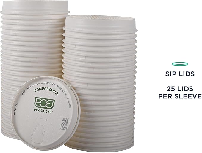 Eco-Products Compostable Paper Coffee Cup Lids, Case of 1000, White GreenStripe Tops, Fits 10-20oz Hot Cups, Lined With PLA, A Renewable Material Made from Plants, ASTM, BPI-Certified