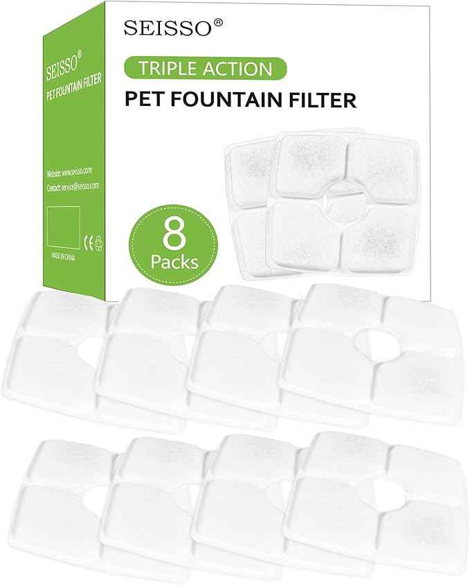 SEISSO Cat Fountain Filter Replacement, Cat Water Filters with Three Stage Filtration System for 84oz/ 2.5L Automatic Pet Fountain Dog Water Dispenser, 8 Packs