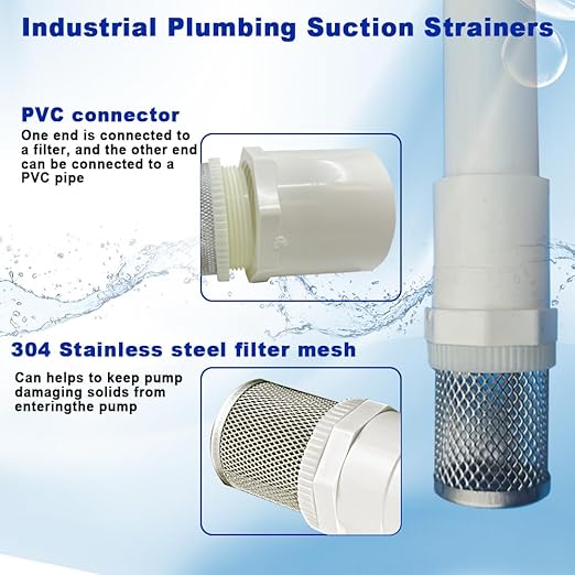 3/4" Stainless Steel Filter Cover Connected to 3/4" DN20 PVC Water Pipe, Suction Strainers Used to Remove Debris and Reduce Solid Entry