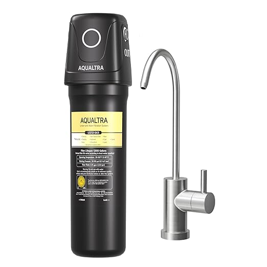 AQUALTRA USF01-BKF Under Sink Water Filter System, 12K Gallons with Faucet, NSF/ANSI 372 Certified, 0.5 μm Carbon Fiber Filter Reduces PFAS, Chlorine, Lead, Chloramine, Fluoride, Bad Taste & Odor