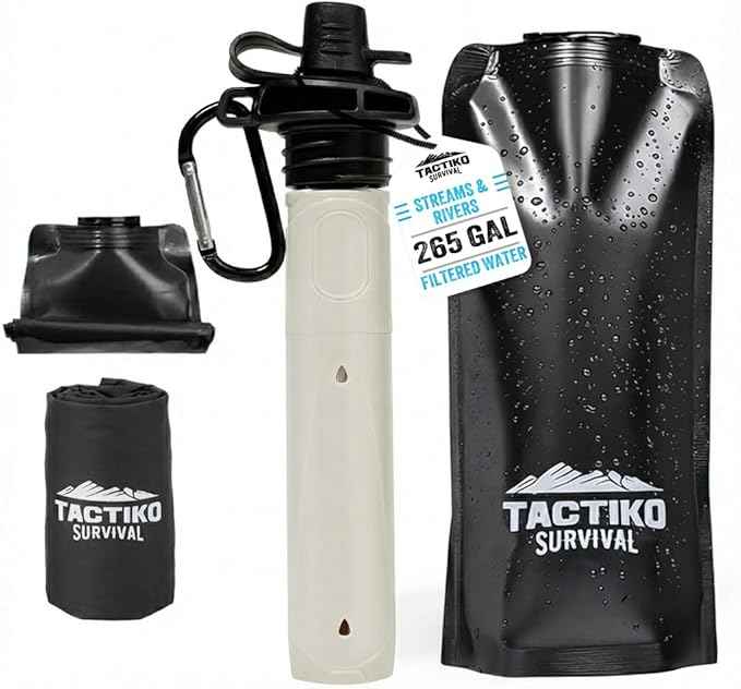 Tactiko Survival 20oz/600ml Purifying Water Bottle Filter Kit - Filter 265 Gal. Water from Rivers, Lakes & Streams - SGS Certified - UF Membrane, Activated Carbon - Camping, Hiking, Emergency (Black)