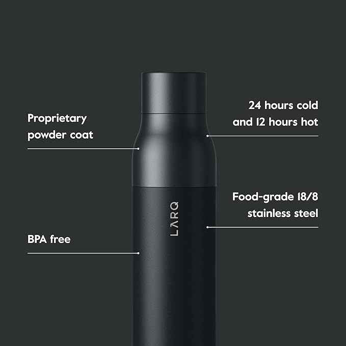 LARQ Bottle Twist Top 25 oz - Insulated Stainless Steel Water Bottle | BPA Free | Reusable Water Bottle for Camping, Office, and Travel | Keep Drinks Cold and Hot, Obsidian Black
