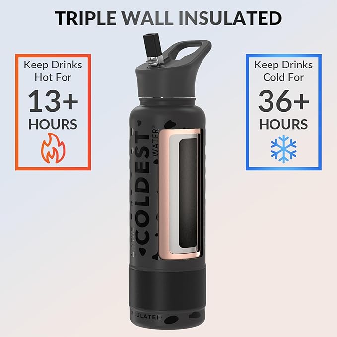 Coldest Insulated Water Bottle with Straw Lid - Stainless Steel Metal Insulated Bottle for Men & Women (Black Leopard, 40 oz)