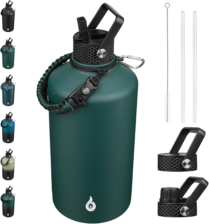 BJPKPK 1 Gallon Water Bottle with Straw Lid, 128oz Large, Stainless Steel Water Bottles with 3 Lids and Paracord Strap, Double Wall Vacuum Metal Water Jug, Army Green