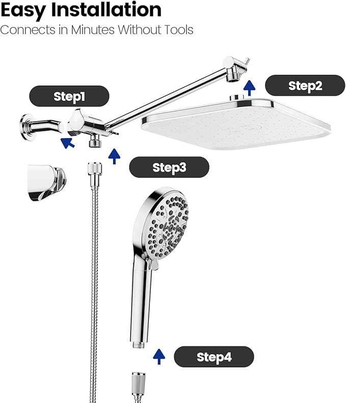 JOMOO Handheld Shower Head Combo, 12 Inch Rain Shower Head, Dual Showerhead Set with Filtered Handheld, Power Wash Mode, 10 Spray Settings, 3-Way Diverter, High Pressure for Bathroom, Chrome
