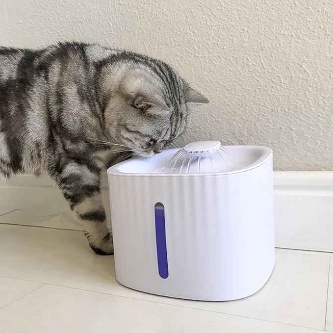 Leo's Paw Cat Water Fountain 84oz/2.5L Automatic Pet Water Dispenser with LED Light and Water Level Window Triple Charcoal Filter Ultra Quiet & Peaceful Flow Tilted Design for Easy Drinking