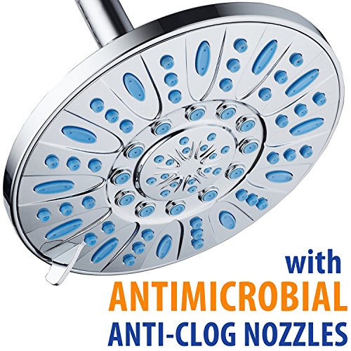 7-inch 6-Setting Rainfall Showerhead with Anti-Microbial Microban Protection from Mold, Mildew, and Bacteria - Clog-Free Wave Blue Jets, Chrome Finish