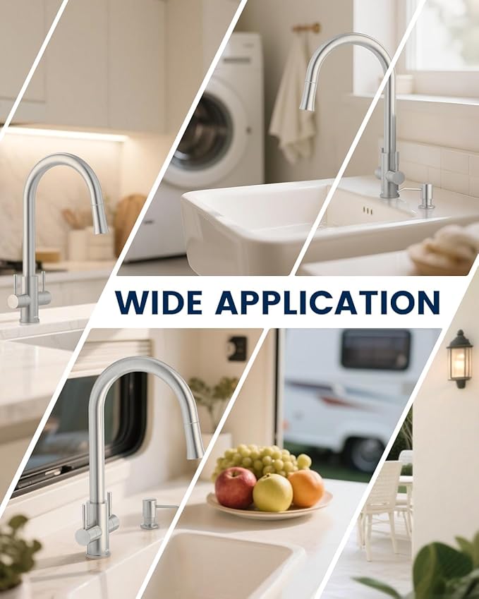 APPASO 2 Handle Kitchen Faucet with Soap Dispenser, Brushed Nickel Two-Handle Kitchen Sink Faucets with S304 Stainless Steel Pull Down Sprayer 1 Mode and Deck Plate for 1 to 4 Holes Sinks, High Arch