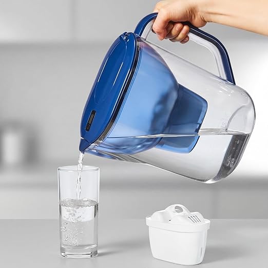 16-Cup Large Water Filter Pitcher with 1 Replacement Filter, BPA-Free Blue Drinking Water Filtration Jug for Tap Water, Reduces Chlorine, Limescale, Lead & Copper, High Capacity Water System