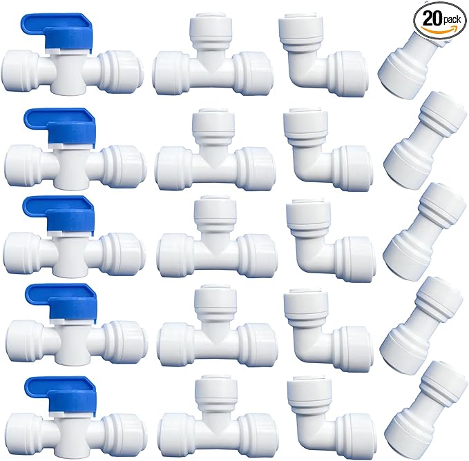 20 pcs Water Push to Connect Quick Connect Fittings 3/8" Tube OD for RO Water Reverse Osmosis System Water Tube Fitting (Ball Valve + Tee fitting + Union Connector+Elbow Connector) - AquaVibe