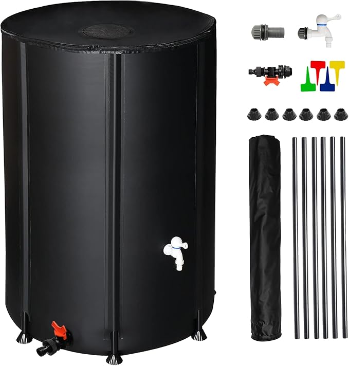 100 Gallon Collapsible Rain Barrel, Portable Water Storage Tank, Foldable Rainwater Collect System Downspout, Water Catcher Container with Filter, Spigots Overflow Kit (Black, 100 Gallon)