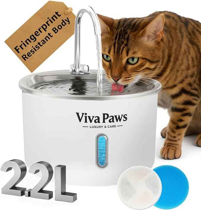 Viva Paws Cat Water Fountain Stainless Steel – Ultra-Quiet Automatic Drinking Fountain for Cats, 2.2L Indoor Pet Fountain with 4-Stage Filtration for Fresh & Clean Water