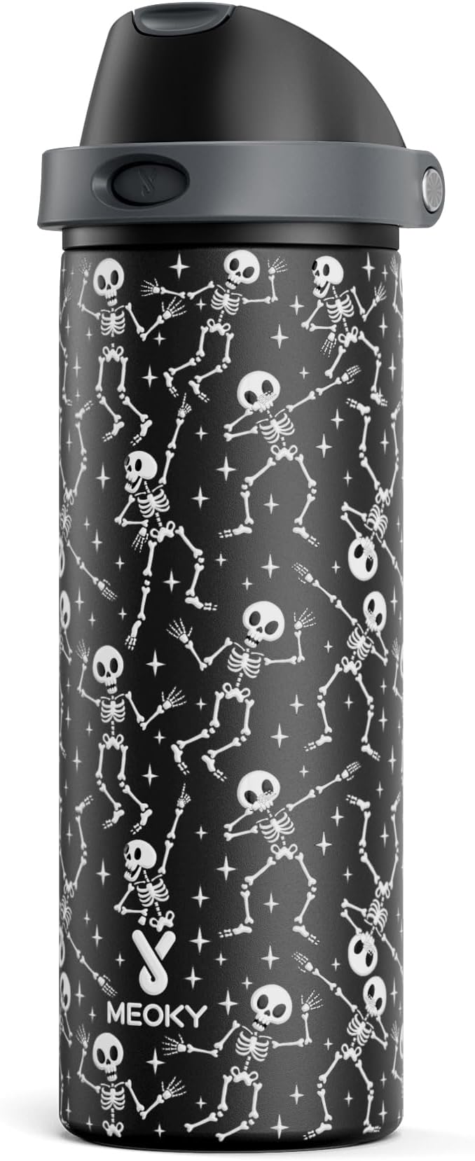 24 oz Insulated Water Bottle with Straw: Meoky Stainless Steel Water Bottle with 2-in-1 Straw Lid - Leak Proof, Cold for 24 Hours, Protective Silicone Base, BPA-Free for Travel Gym, Pop Skull