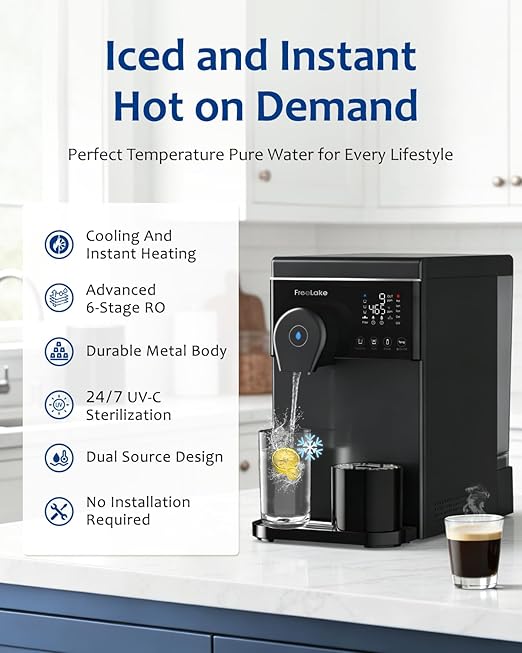 Reverse Osmosis Water Filter Countertop, Hot and Cold Water with 41°F Cooling, Dual Water Source, 6-Stage RO Filtration System with UV, No Installation Home Water Purifier
