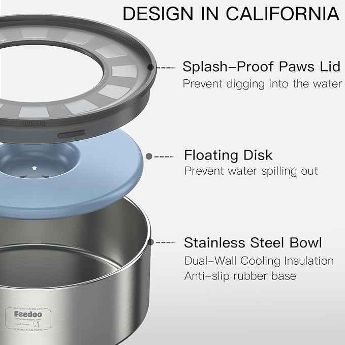 1Gallon No Spill Water Bowl for Dogs, Double-Wall Stainless Steel with Splash-Proof Paws Lid and Floating Disk, Non-Slip Base, Easy to Clean Slow Water Feeder for Large Medium Dogs