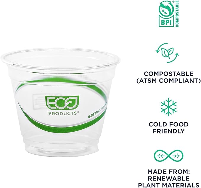 ECO PRODUCTS GreenStripe Clear Compostable 9oz PLA Plastic Cups, Pack of 50, Disposable Renewable Plant-Based Cold Cups, for Cold Drinks & Snacks, BPI Certified, ASTM Compliant.