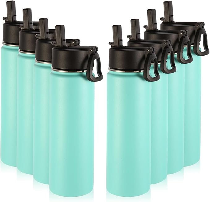 Volhoply Insulated Water Bottles with Straw Bulk 8 Pack, 22 oz Stainless Steel Sports Bottle with Handle Lid, Vacuum Metal Travel Water Cups with Wide Mouth, Reusable Cold Water Flask(Mint,8 Set)