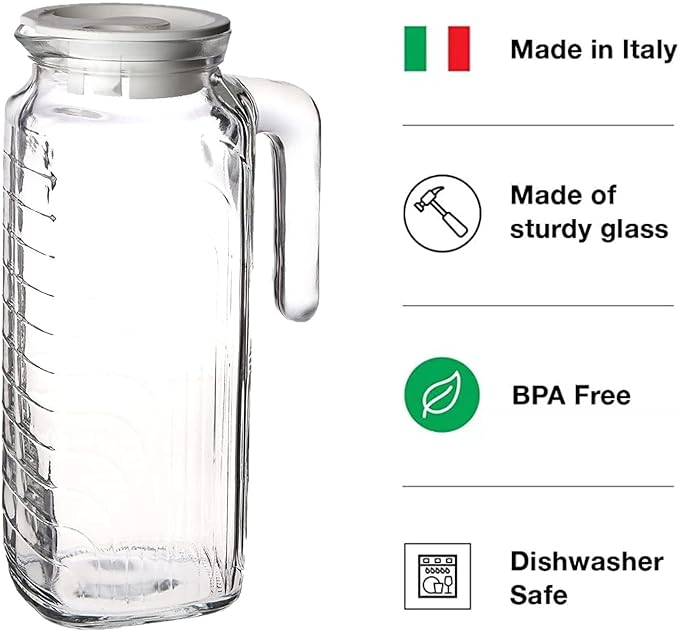 Bormioli Rocco Gelo Glass Jugs with Handle & Spout - Set of 2, 41 Oz. Pitchers for Juice, Water, Milk & Lemonade - Italian Drinkware for Family Dining, Parties, Picnics, BBQs, Outdoor Entertaining