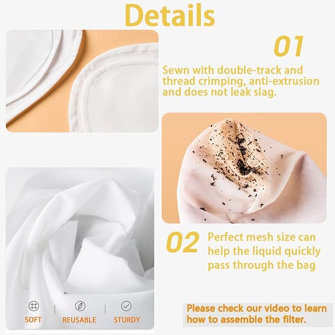 4 PCS Extra Fine Mesh Strainer Bags with Handle, Reusable Thai Tea Strainer, Cheesecloth for Straining NutMilk Coffee Milk Juices Honey Wine Oil Yogurt (2 Medium & 2 Small)