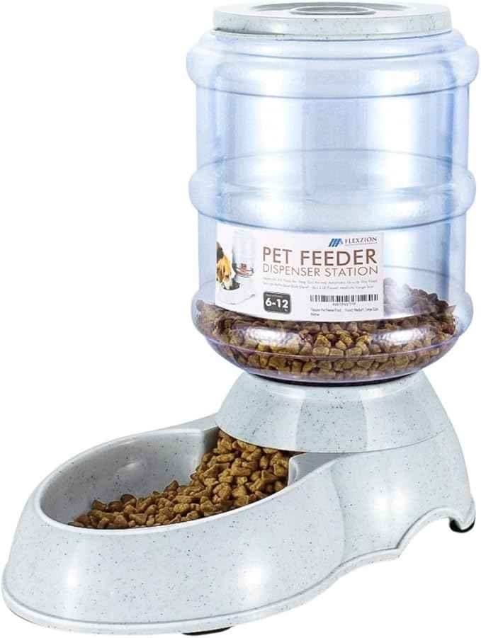 Flexzion Gravity Pet Feeder Food Dispenser (6-12 lb Size) Automatic Replenish Dry Food Storage Container Bowl for Small Medium Breed Dog Cat Animal Feeding Watering Fountain Supplies