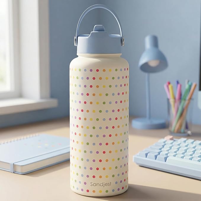 Pride Water Bottle Stainless Steel 32oz with Lid & Straw, Rainbow Polka Dots Insulated Bottles Gifts for Women Men LGBT Month Christmas Birthday LGBT Awareness Month