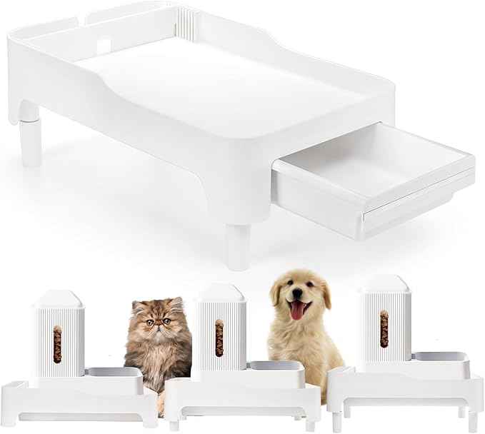 YOUEON Raised Pet Feeder Stand for Cats and Dogs Neck Health, Adjustable Height Elevated Shelf Suitable for 90% Automatic Pet Feeder & Water Dispenser, with Drawer to Stock Pet Snacks, Canned Food