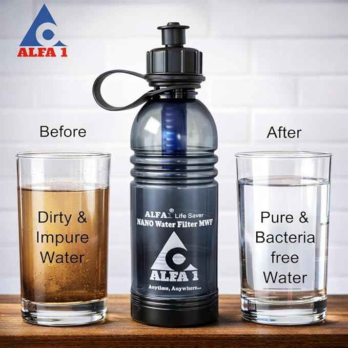 ALFA1 Life Saver Nano Water Filter Bottle | Water Purifier Bottle for Hiking, Camping and Travel (1 Quart, 32oz) | Food-Grade Plastic & BPA-Free | Removes 99.999% Impurities and Bad Odors