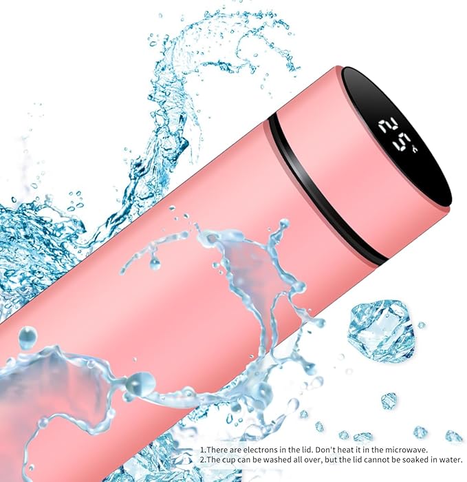 Smart Water Bottle Stainless Steel Vacuum Flask,Travel Mug with Smart LCD Touch Screen, Keep Hot Or Cold, Car Portable Travel Tea Coffee Vacuum Thermo Cup,Insulated Water Bottle (Pink)