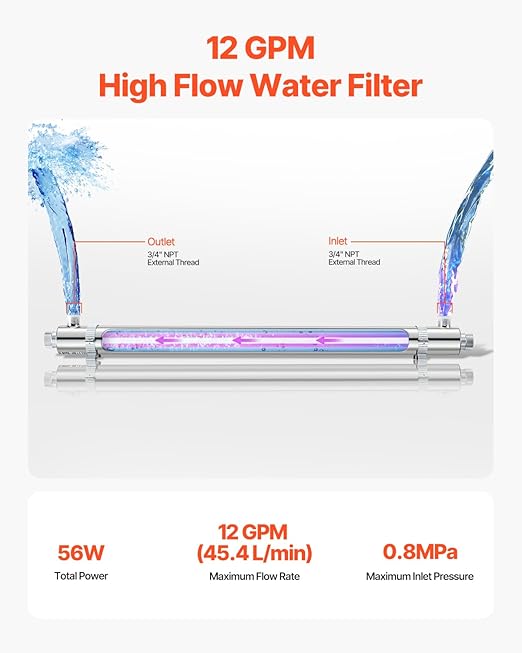 VEVOR Purifier UV Water, 55 W, 12 GPM, 110 V, Versatile Ultraviolet Water Purification Filter with Stainless Steel housing, UV Water Filter for The Whole House with Quartz Sleeve