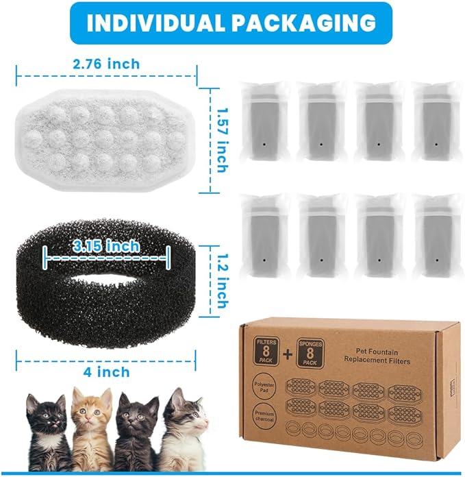 16 PCS Cat Water Fountain Filter for 108oz/3.2L Stainless Steel Dispensers – 8 Pack Replacement Filters for Pet Fountains – 8 Carbon + 8 Sponge – Improves Water Quality & Reduces Odors