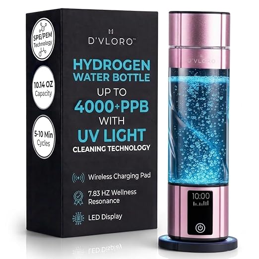 Wellness Frequency Hydrogen Bottle - Up to 4000+ PPB with UV Light Cleaning Technology and Wireless Charging Pad - Electric Water Bottle - Featuring 10 OZ Portable Capacity - SPE PEM Tech